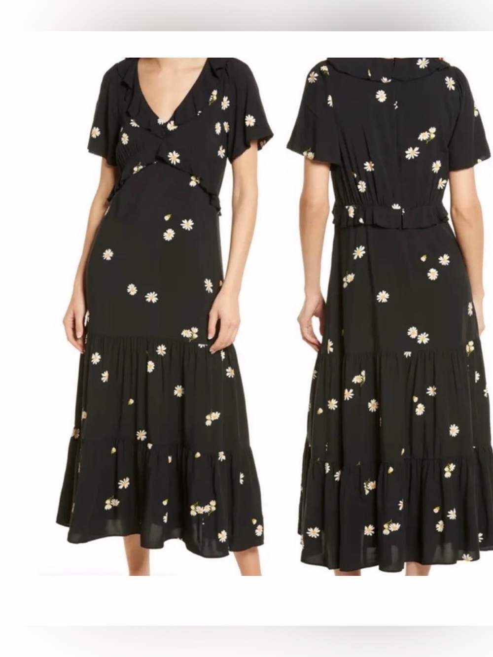 Madewell Black Daisy Floral Ruffle V-Neck Tiered Midi Dress - Women's Size 8